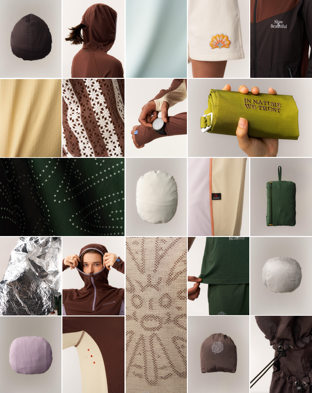 A collage of 20 images shows close-ups of mens and womens outdoor clothing, fabric textures, 
                folded gear, lace, zippers, patterns, and a person pulling a hood and using foil for warmth, highlighting material details and design.