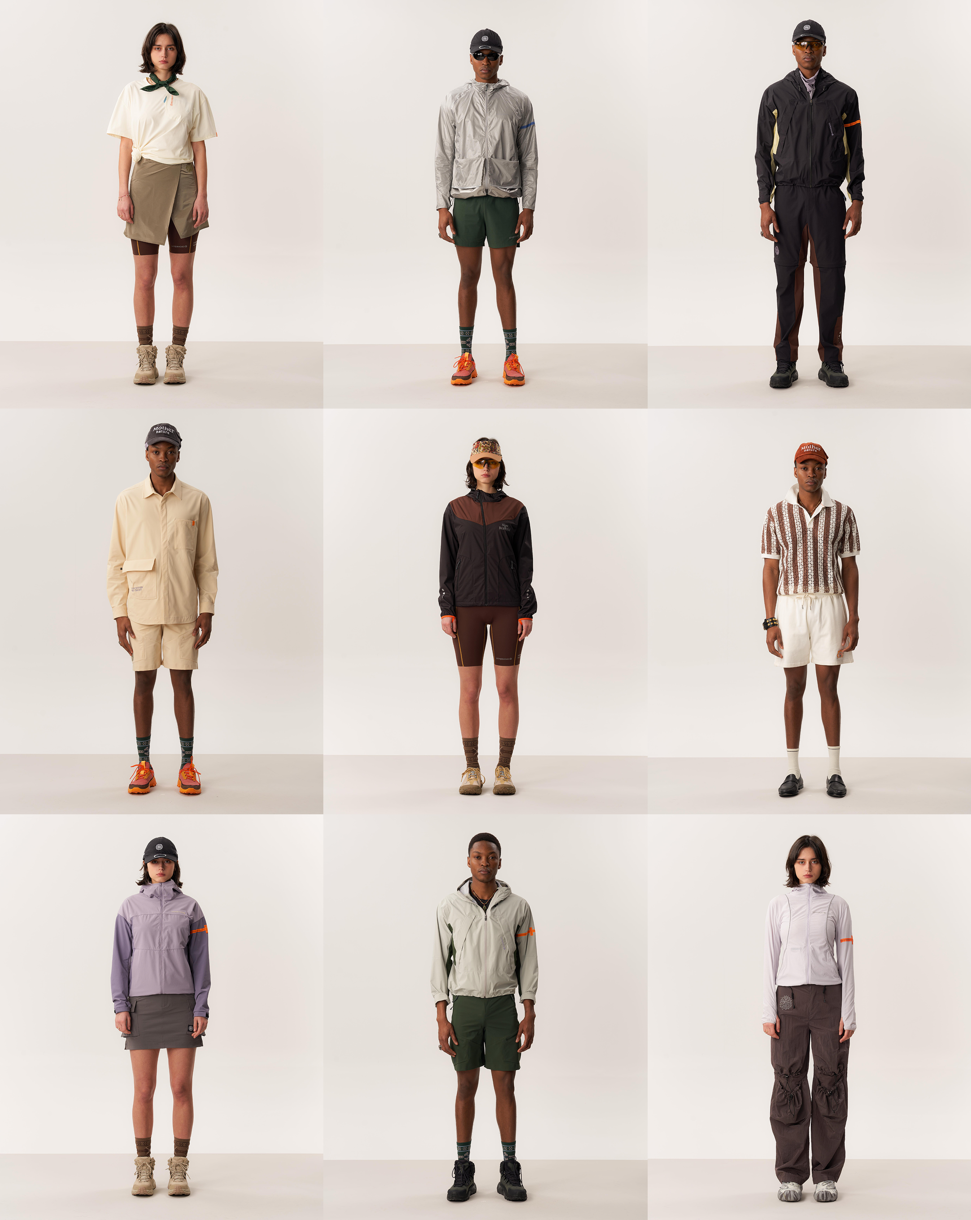 Compression shorts, hardshell jackets, long sleeve shirts, cargo skirt, and work pants styled with unique accessories, worn by nine models in a 3x3 grid
on an earthy-toned background for the UPPERVOID 2025 Midsummer LOOKBOOK.