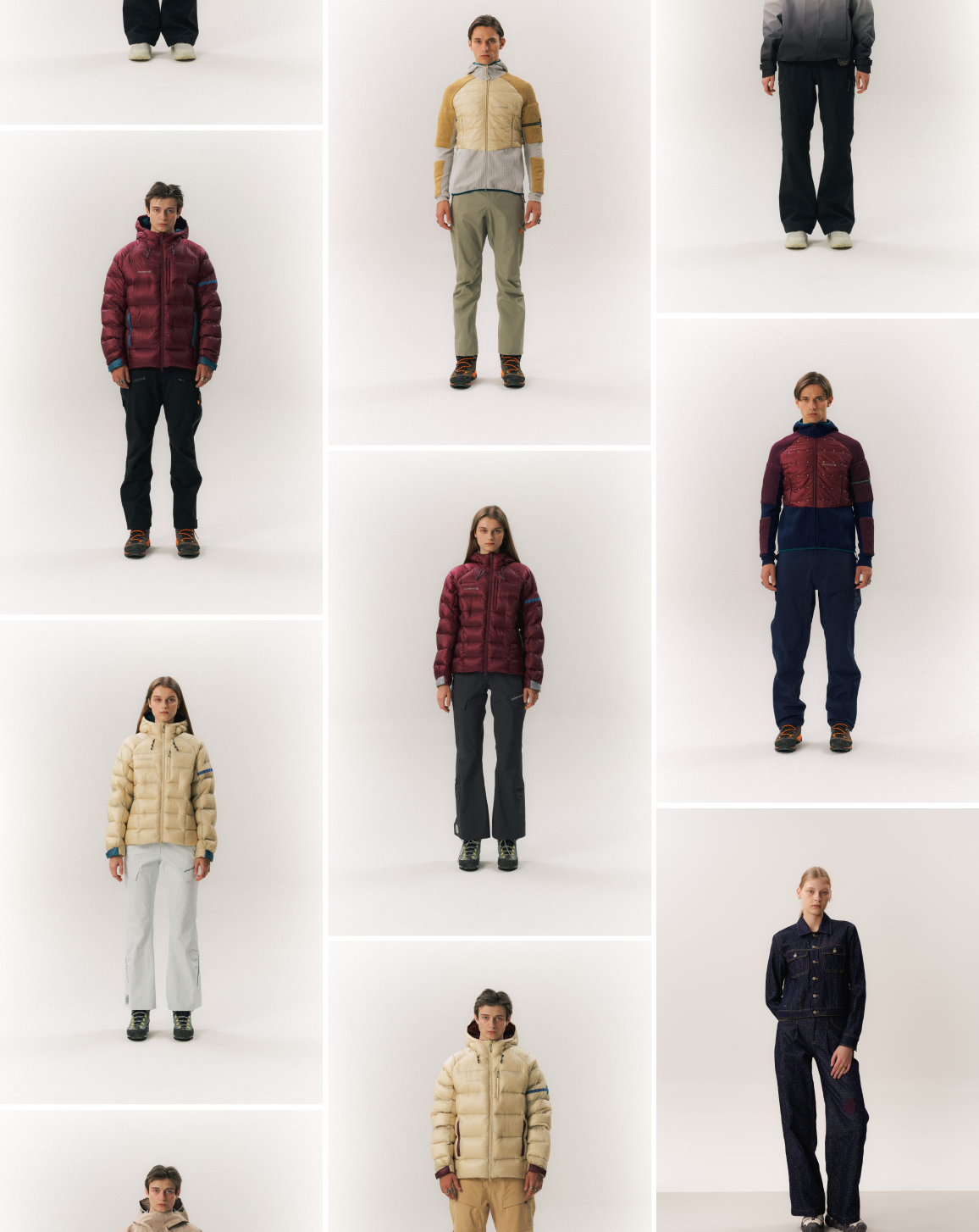 Compression shorts, hardshell jackets, long sleeve shirts, cargo skirt, and work pants styled with unique accessories, worn by nine models in a 3x3 grid 
            on an earthy-toned background for the UPPERVOID 2025 Midsummer LOOKBOOK.