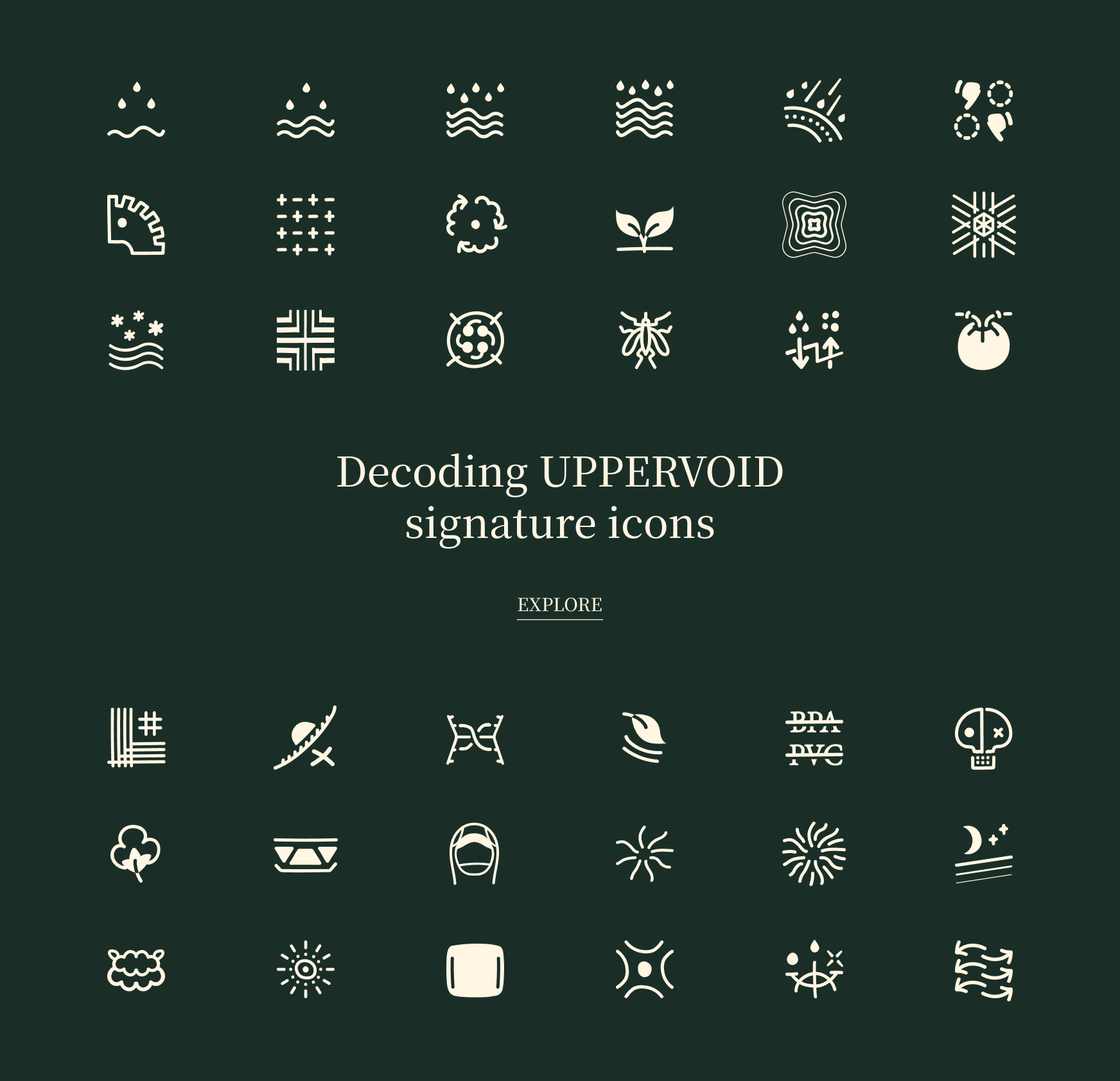 A grid of 40 minimalist white icons on a dark green background, each representing abstract concepts like waves, plants, 
          insects, geometric shapes, sun, moon, and patterns—perfect for the sleek UPPERVOID aesthetic.