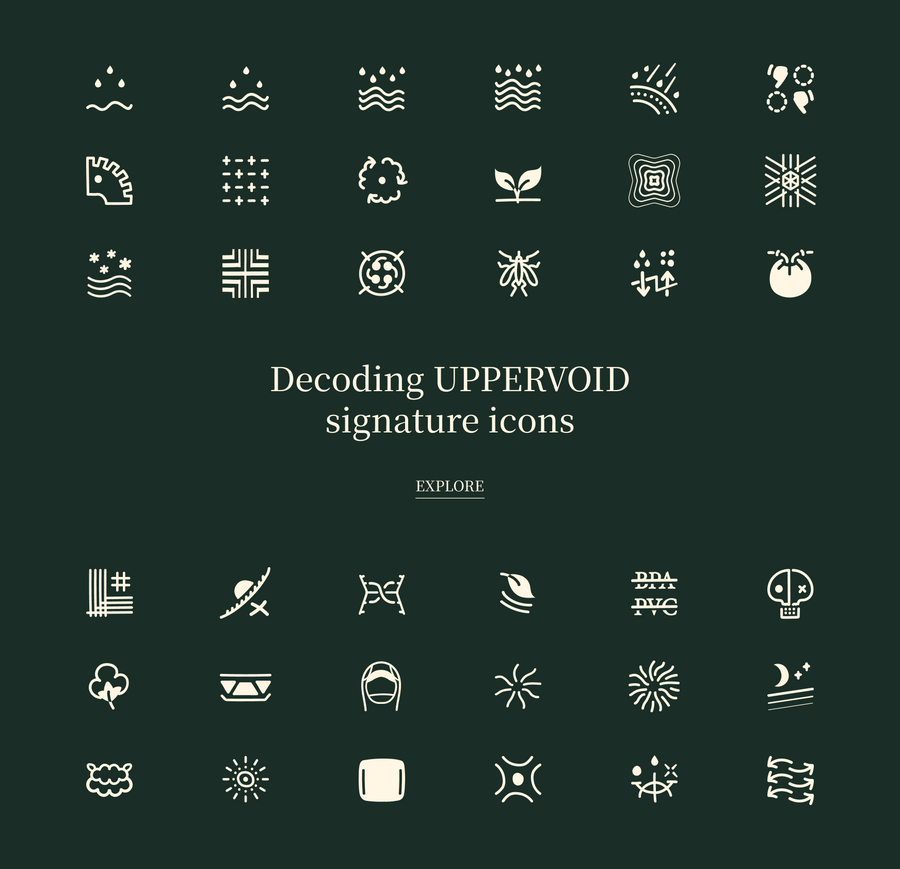 A grid of 40 minimalist white icons on a dark green background, each representing abstract concepts like waves, plants, 
          insects, geometric shapes, sun, moon, and patterns—perfect for the sleek UPPERVOID aesthetic.