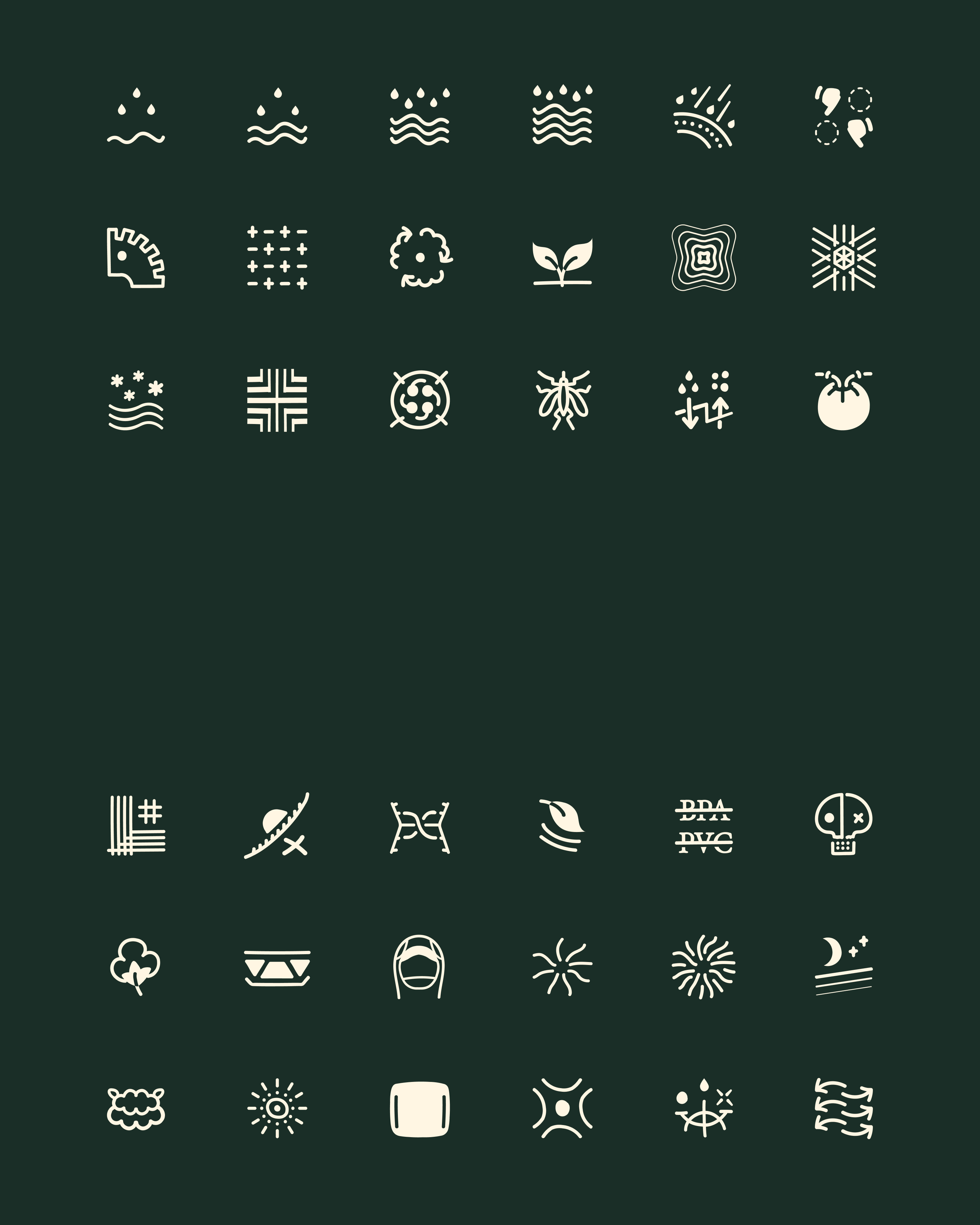 A grid of 40 minimalist white icons on a dark green background, each representing abstract concepts like waves, plants, 
          insects, geometric shapes, sun, moon, and patterns—perfect for the sleek UPPERVOID aesthetic.