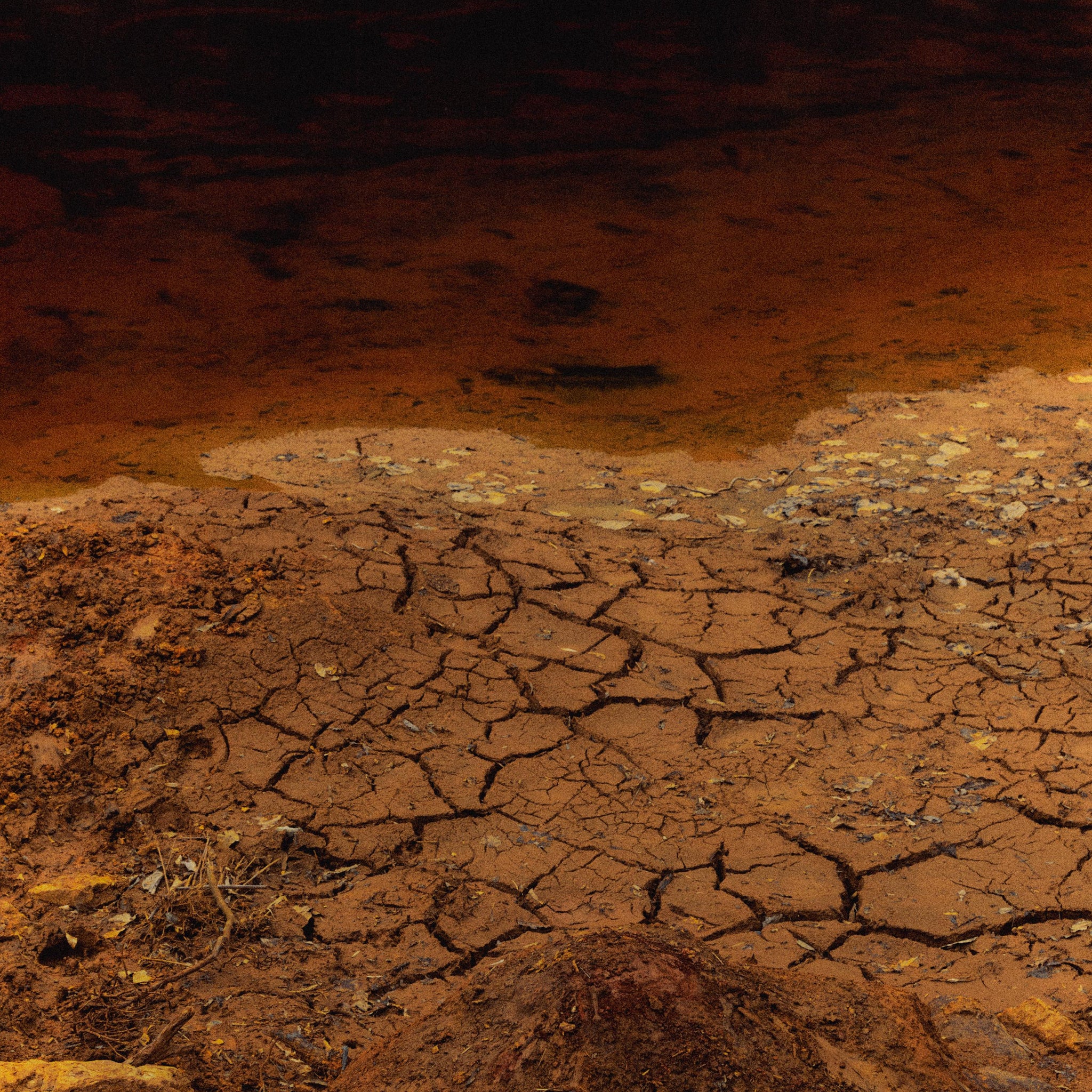 Detailed ground texture of dry cracked red soil, evoking elemental harshness