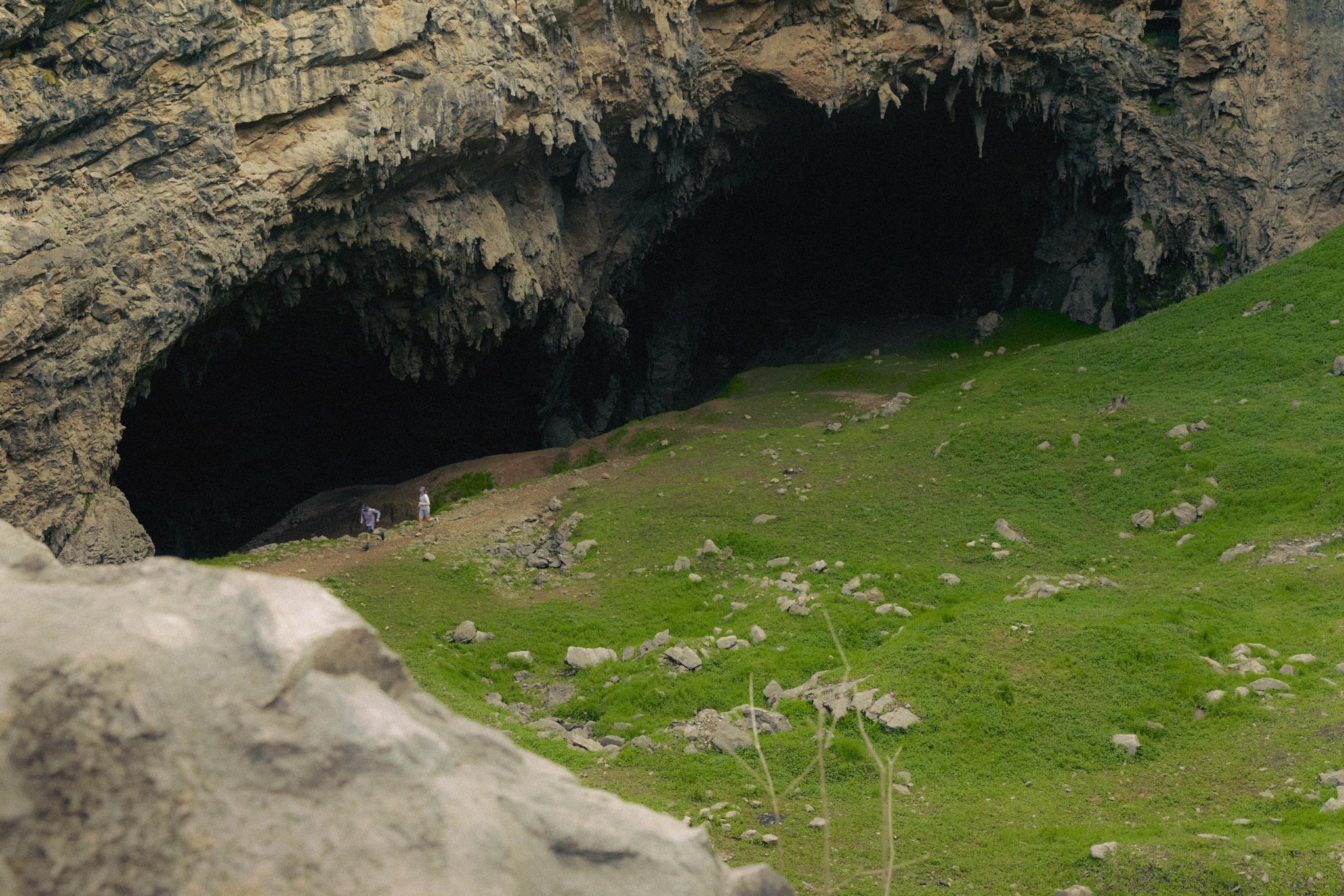 Wide-angle shot showing cave opening with figures below and lush green grassland in foreground